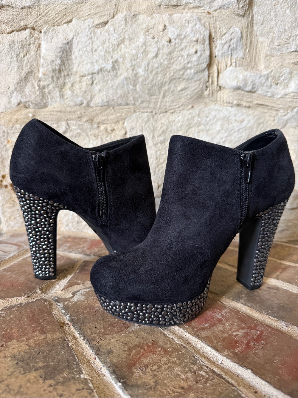 Gianni Bini Black Suede Crystal-Embellished Heel Ankle Booties - Picture 6 of 8